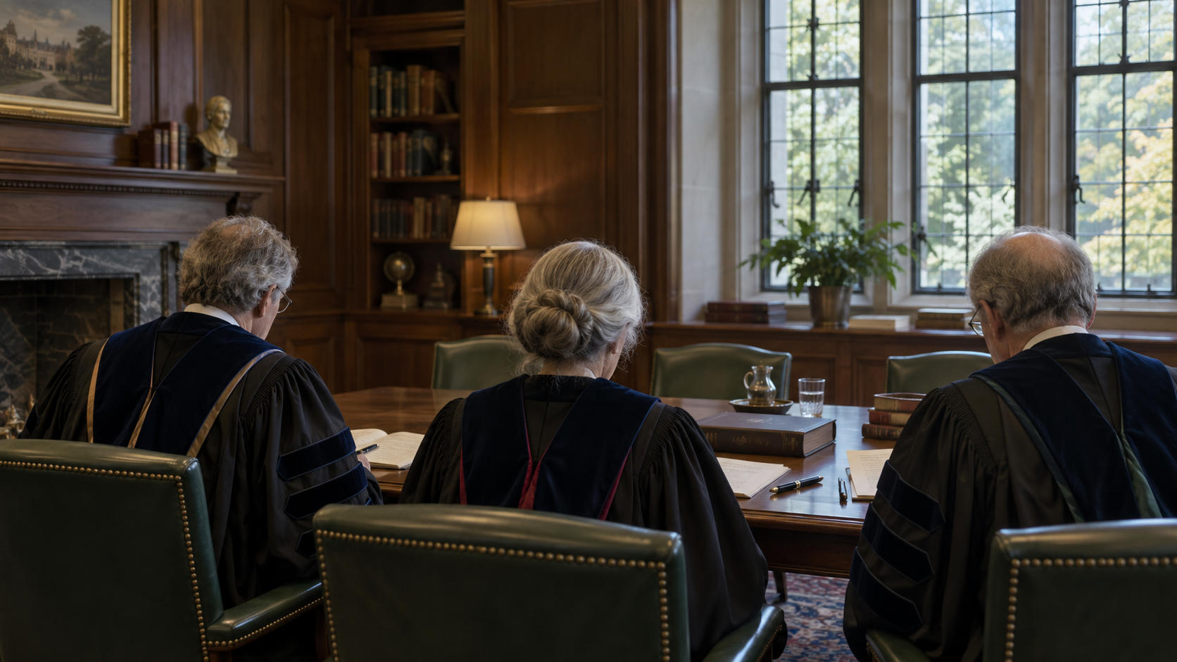 Academic jury reviewing a dissertation in a university boardroom